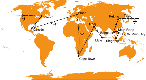 Mapa - 1191/CESTA KOLEM SVĚTA – JAR – MALEDIVY – SINGAPUR – VIETNAM – KAMBODŽA – THAJSKO – ČÍNA – JAPONSKO – MEXIKO